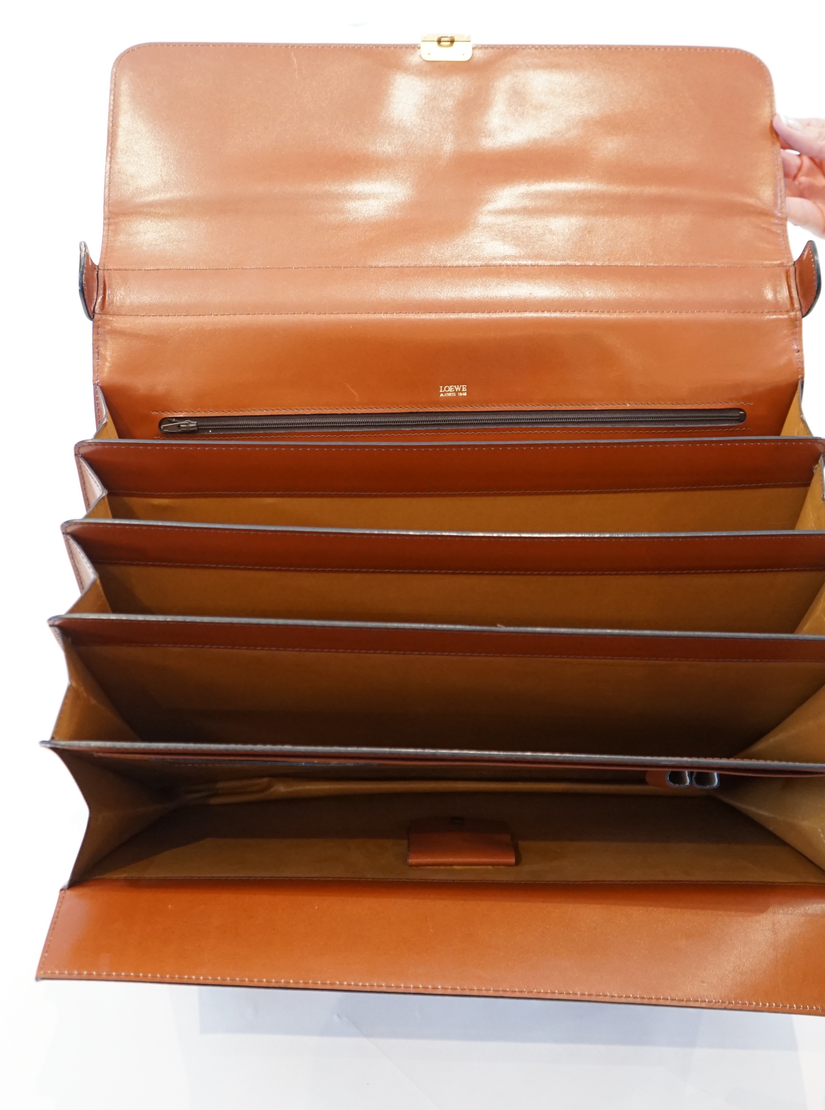 A gentlemen's Loewe brown tan leather briefcase width 42.5cm, depth 6cm, height 31cm